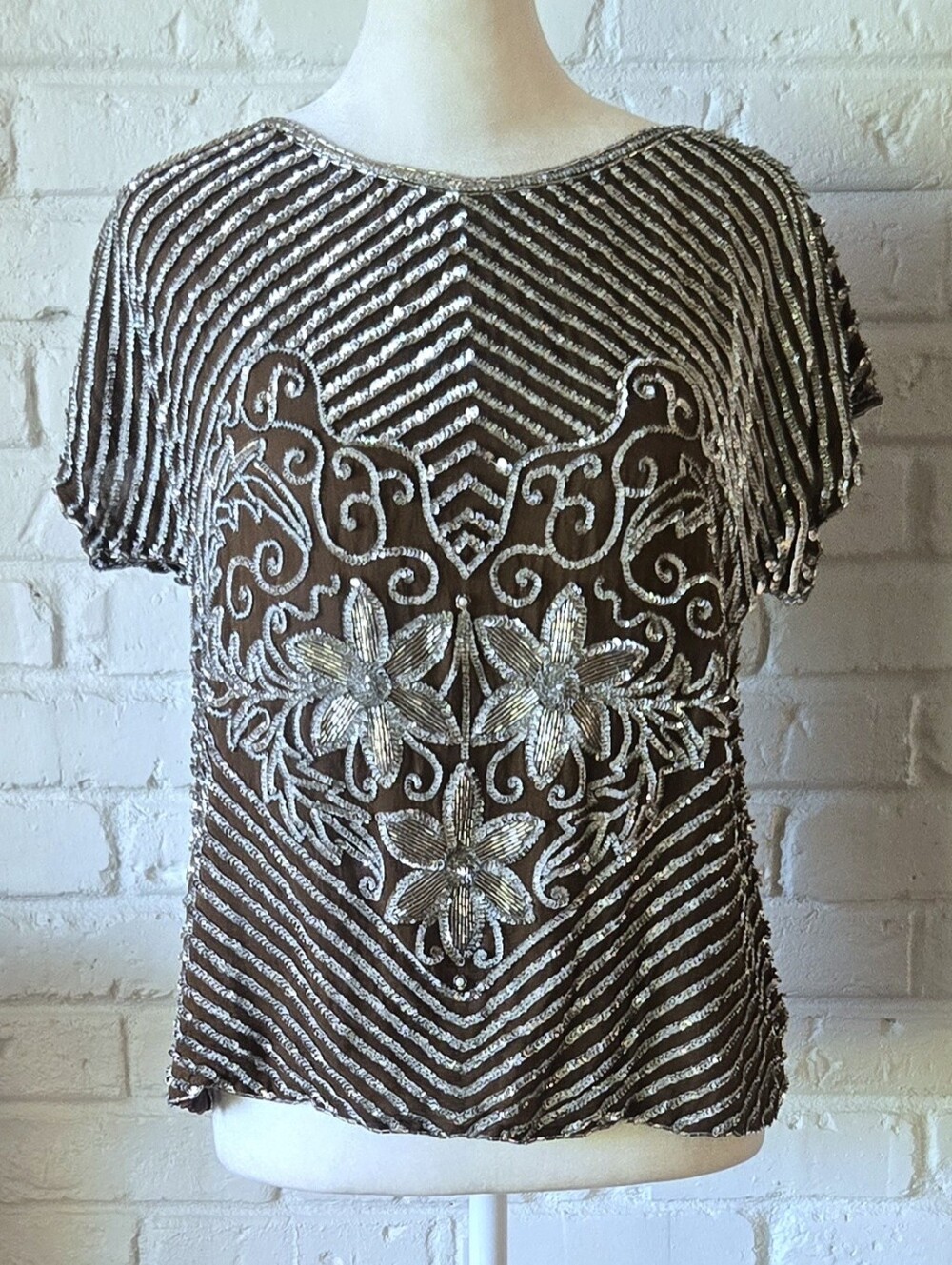 Vtg 90s 100% Silk Sequin & Bead Embellished Top, M, Party, Formal